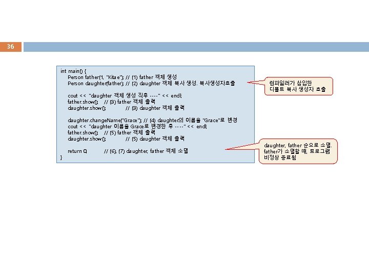 36 int main() { Person father(1, "Kitae"); // (1) father 객체 생성 Person daughter(father);