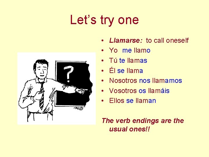 Let’s try one • • Llamarse: to call oneself Yo me llamo Tú te