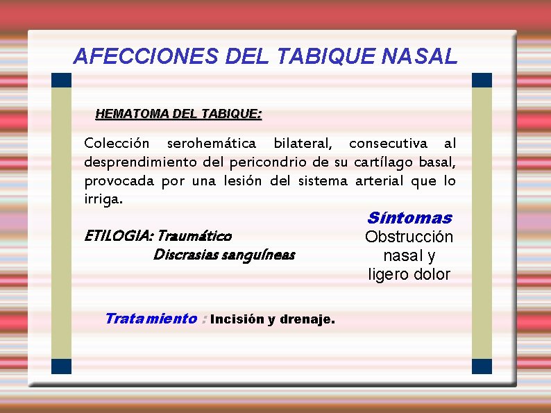AFECCIONES DEL TABIQUE NASAL HEMATOMA DEL TABIQUE: Colección serohemática bilateral, consecutiva al desprendimiento del