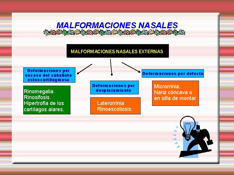 MALFORMACIONES NASALES EXTERNAS Deformaciones por exceso del caballete osteocartilaginoso Rinomegalia. Rinosifosis. Hipertrofia de los