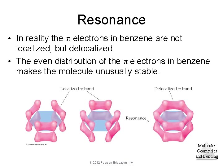 Resonance • In reality the electrons in benzene are not localized, but delocalized. •
