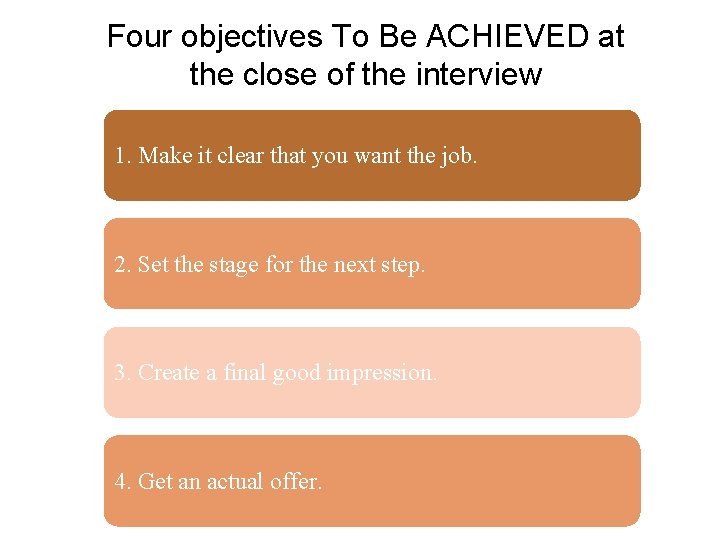 Four objectives To Be ACHIEVED at the close of the interview 1. Make it