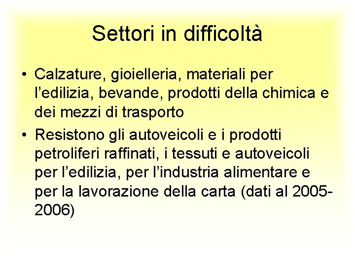 Settori in difficoltà • Calzature, gioielleria, materiali per l’edilizia, bevande, prodotti della chimica e