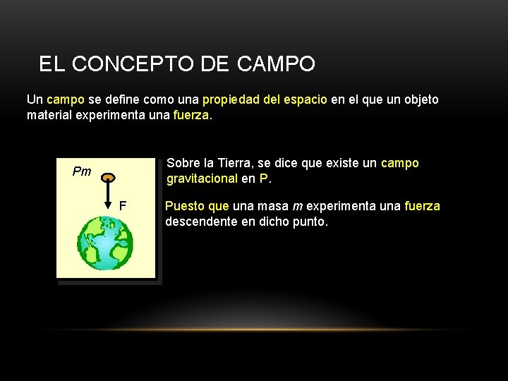 EL CONCEPTO DE CAMPO Un campo se define como una propiedad del espacio en