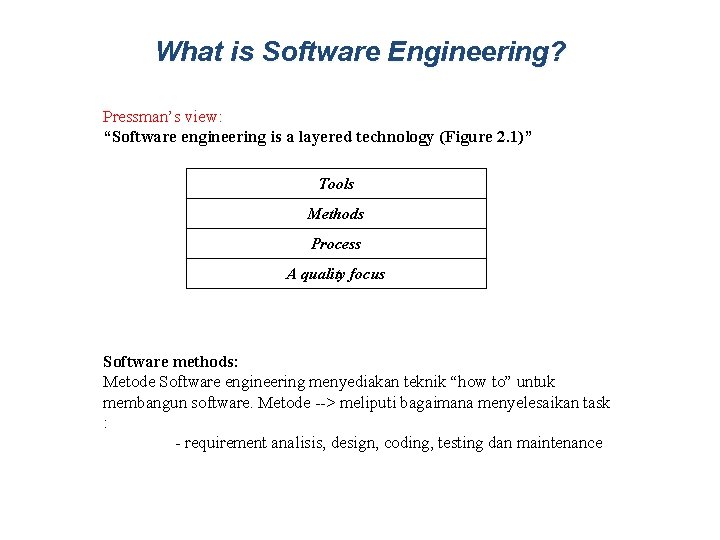 What is Software Engineering? Pressman’s view: “Software engineering is a layered technology (Figure 2.