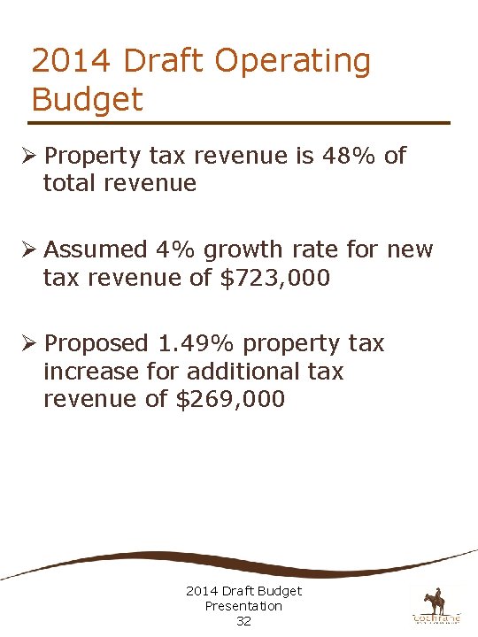 2014 Draft Operating Budget Ø Property tax revenue is 48% of total revenue Ø
