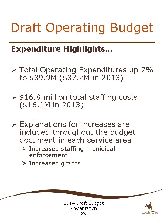 Draft Operating Budget Expenditure Highlights… Ø Total Operating Expenditures up 7% to $39. 9