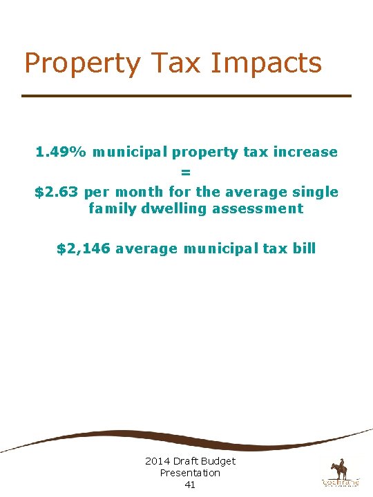 Property Tax Impacts 1. 49% municipal property tax increase = $2. 63 per month