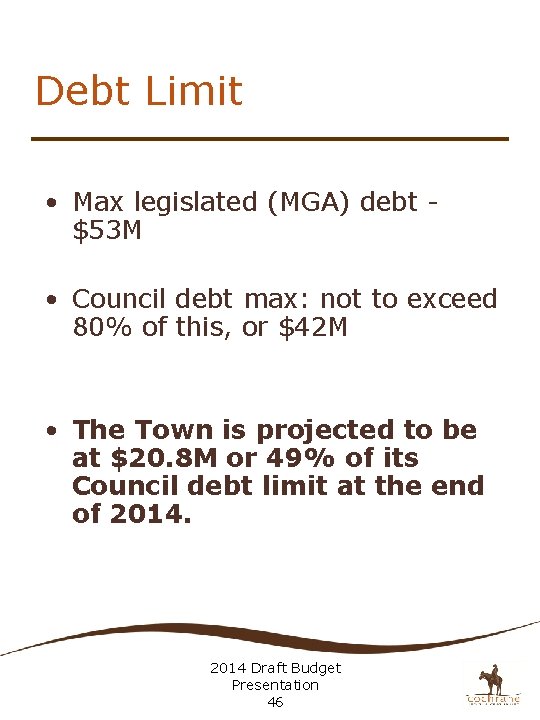 Debt Limit • Max legislated (MGA) debt $53 M • Council debt max: not