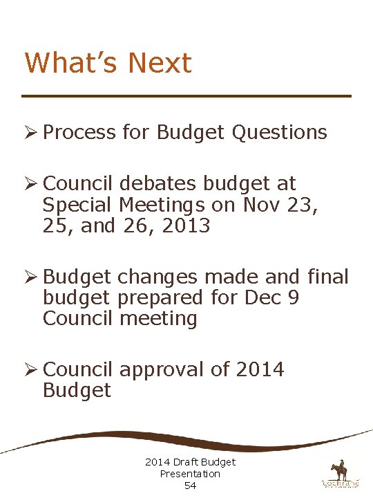 What’s Next Ø Process for Budget Questions Ø Council debates budget at Special Meetings