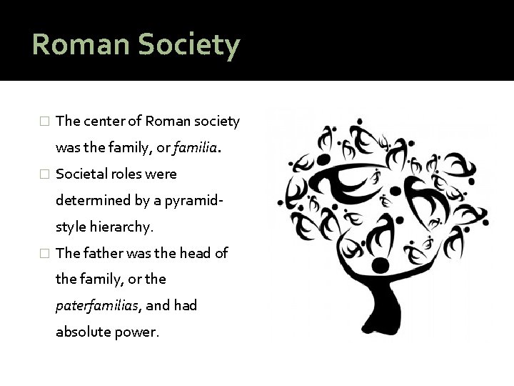 Roman Society � The center of Roman society was the family, or familia. �