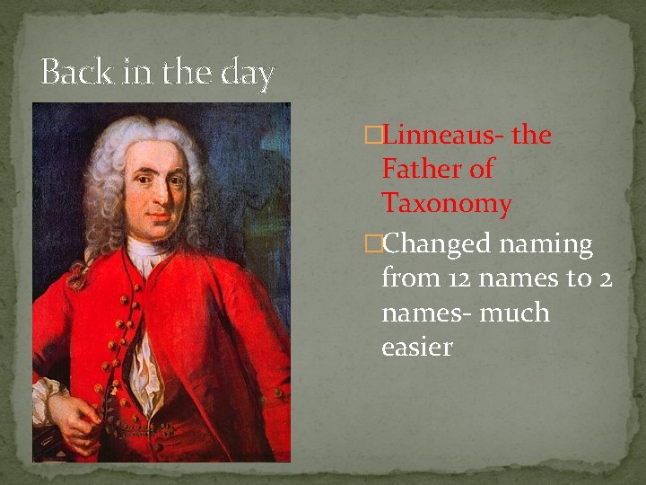 Back in the day �Linneaus- the Father of Taxonomy �Changed naming from 12 names Back in the day �Linneaus- the Father of Taxonomy �Changed naming from 12 names