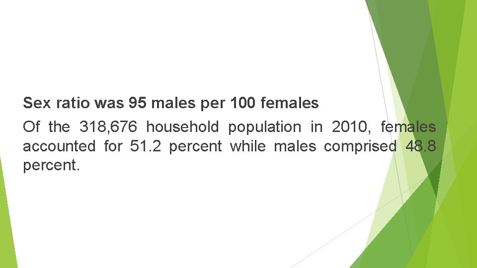 Sex ratio was 95 males per 100 females Of the 318, 676 household population