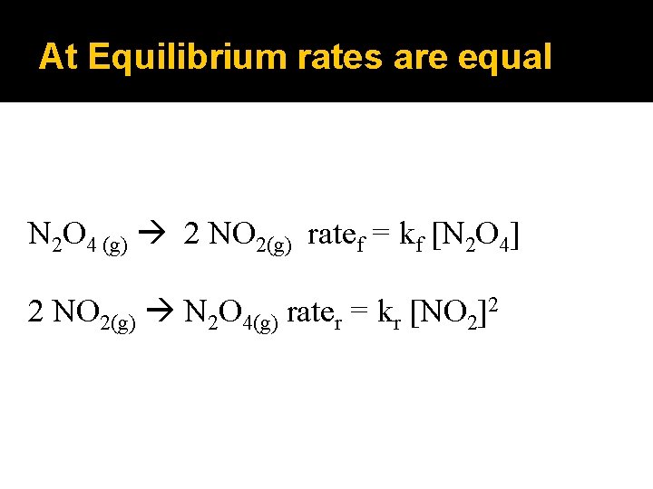 At Equilibrium rates are equal N 2 O 4 (g) 2 NO 2(g) ratef