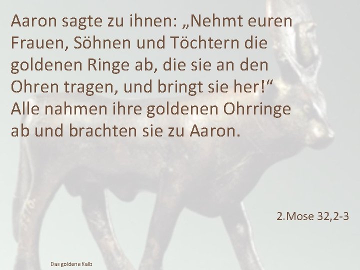 Aaron sagte zu ihnen: „Nehmt euren Frauen, Söhnen und Töchtern die goldenen Ringe ab,