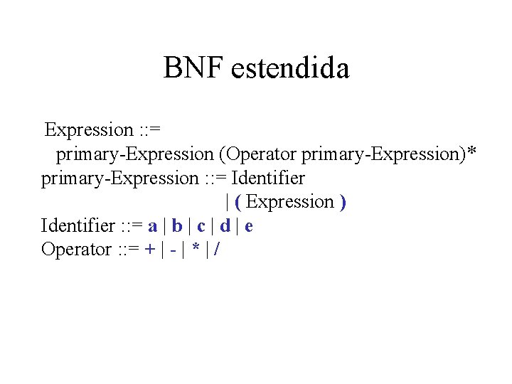BNF estendida Expression : : = primary-Expression (Operator primary-Expression)* primary-Expression : : = Identifier