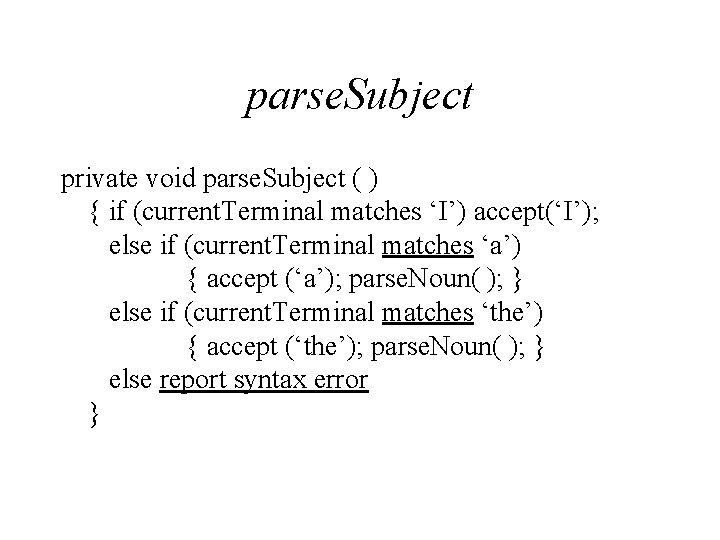 parse. Subject private void parse. Subject ( ) { if (current. Terminal matches ‘I’)