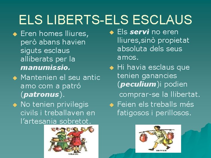 ELS LIBERTS-ELS ESCLAUS u u u Eren homes lliures, però abans havien siguts esclaus