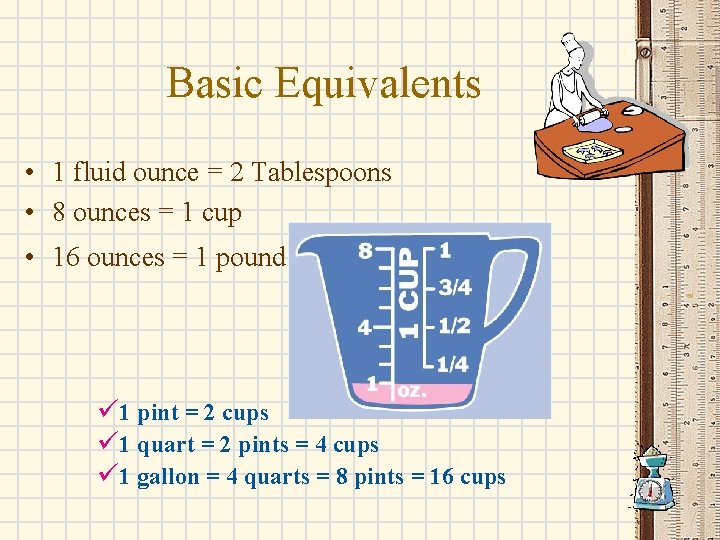 Basic Equivalents • 1 fluid ounce = 2 Tablespoons • 8 ounces = 1