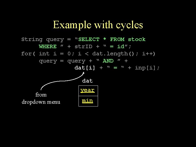 Example with cycles String query WHERE ” for( int i = query = =