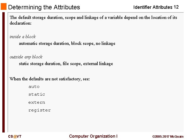 Determining the Attributes Identifier Attributes 12 The default storage duration, scope and linkage of