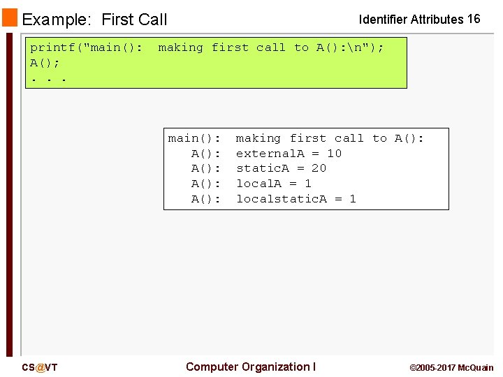 Example: First Call printf("main(): A(); . . . Identifier Attributes 16 making first call