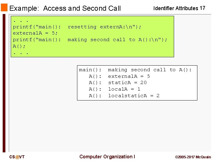 Example: Access and Second Call. . . printf("main(): external. A = 5; printf("main(): A();