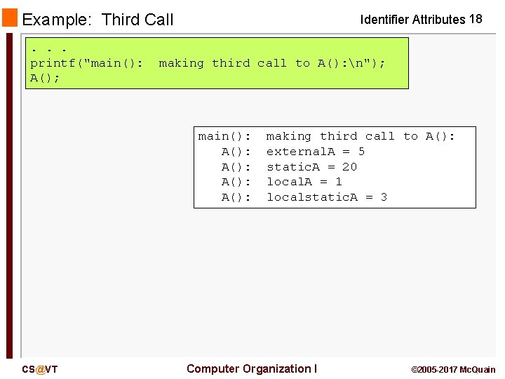 Example: Third Call. . . printf("main(): A(); Identifier Attributes 18 making third call to