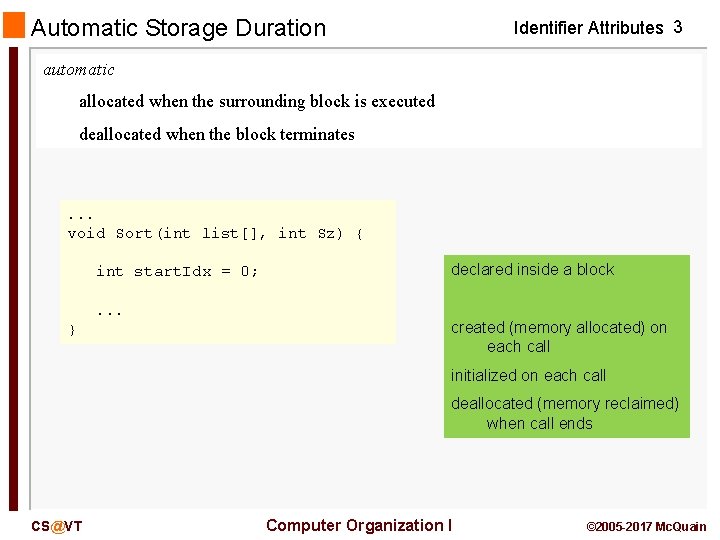 Automatic Storage Duration Identifier Attributes 3 automatic allocated when the surrounding block is executed