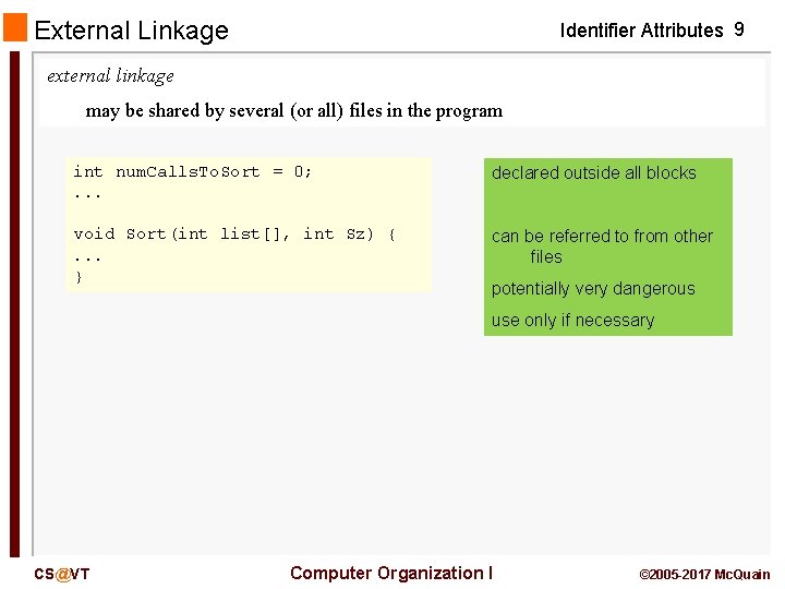 External Linkage Identifier Attributes 9 external linkage may be shared by several (or all)