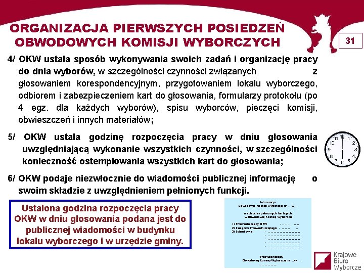 ORGANIZACJA PIERWSZYCH POSIEDZEŃ OBWODOWYCH KOMISJI WYBORCZYCH 31 4/ OKW ustala sposób wykonywania swoich zadań