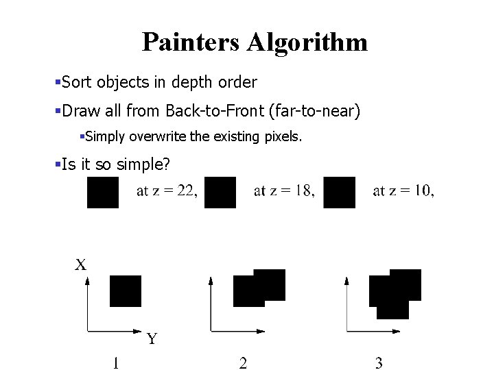 Painters Algorithm §Sort objects in depth order §Draw all from Back-to-Front (far-to-near) §Simply overwrite