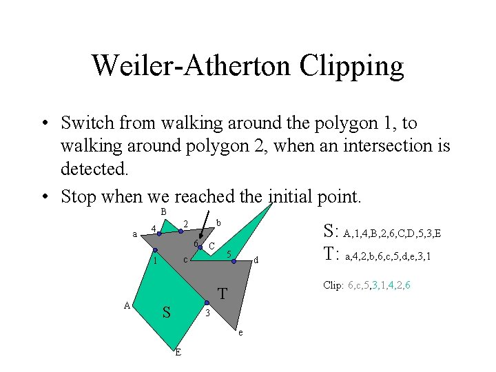 Weiler-Atherton Clipping • Switch from walking around the polygon 1, to walking around polygon