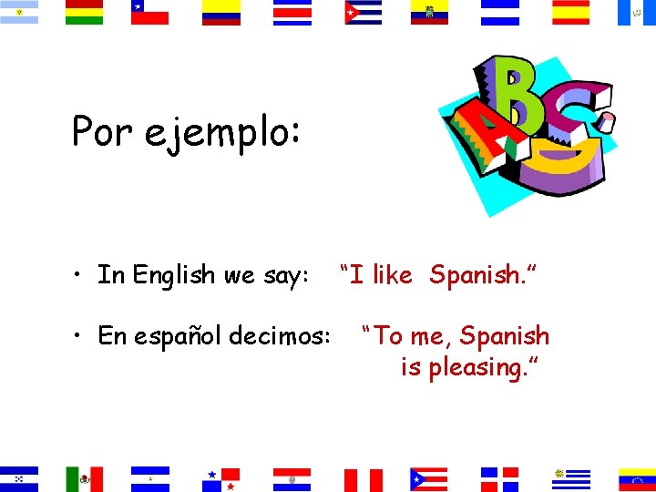 Por ejemplo: • In English we say: • En español decimos: “I like Spanish.