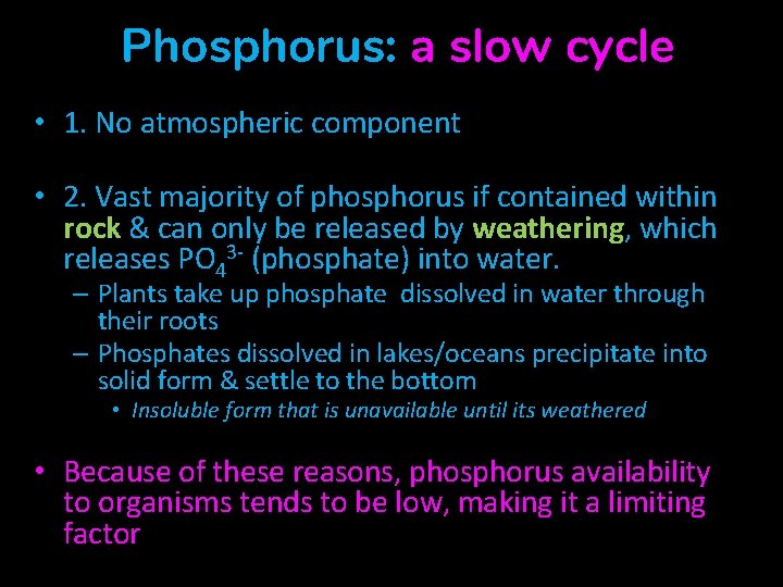 Phosphorus: a slow cycle • 1. No atmospheric component • 2. Vast majority of