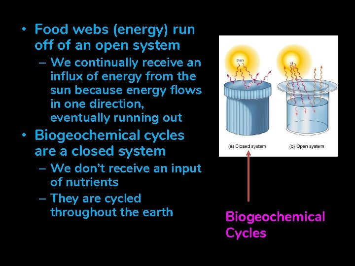  • Food webs (energy) run off of an open system – We continually