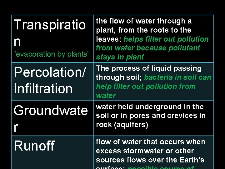 the flow of water through a plant, from the roots to the leaves; helps