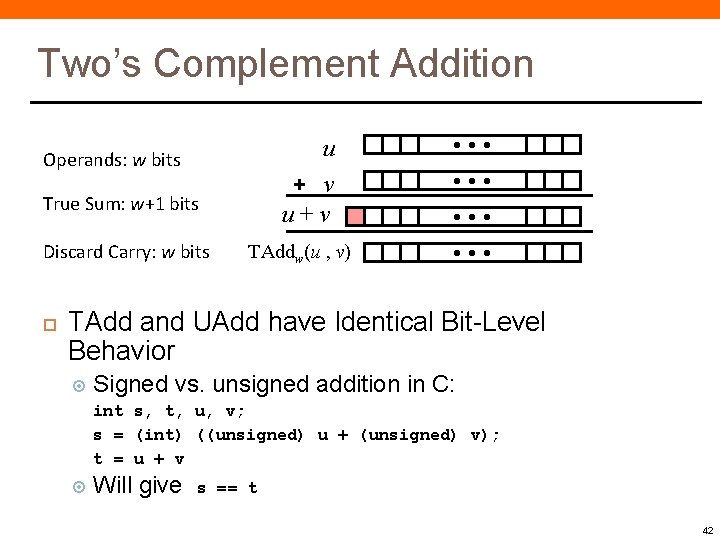 Two’s Complement Addition u + v u+v Operands: w bits True Sum: w+1 bits