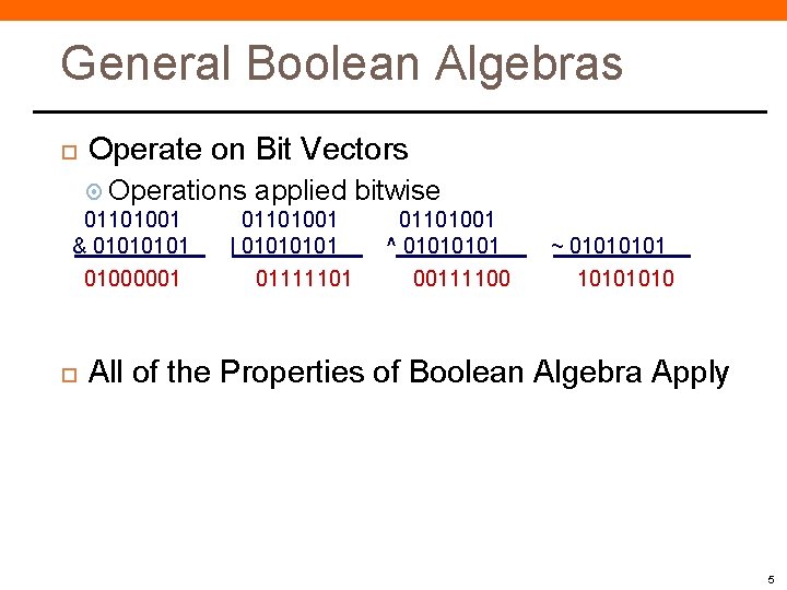 General Boolean Algebras Operate on Bit Vectors Operations 01101001 & 0101 01000001 applied bitwise