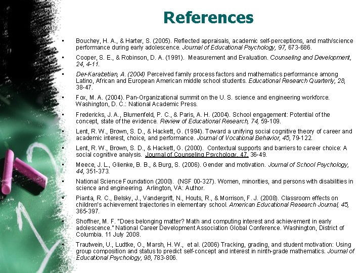 References • Bouchey, H. A. , & Harter, S. (2005). Reflected appraisals, academic self-perceptions,