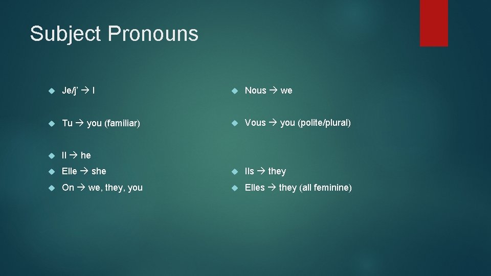 Subject Pronouns Je/j’ I Nous we Tu you (familiar) Vous you (polite/plural) Il he