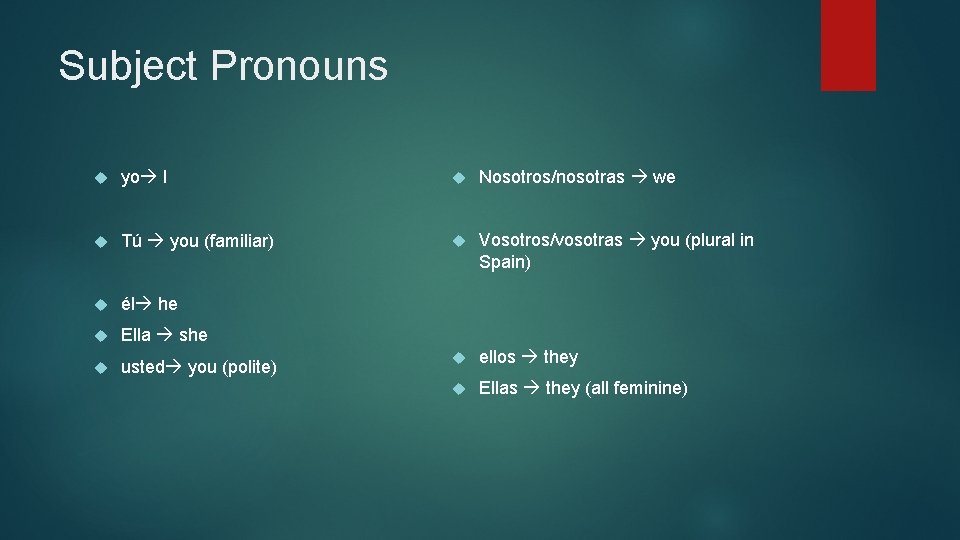 Subject Pronouns yo I Nosotros/nosotras we Tú you (familiar) Vosotros/vosotras you (plural in Spain)