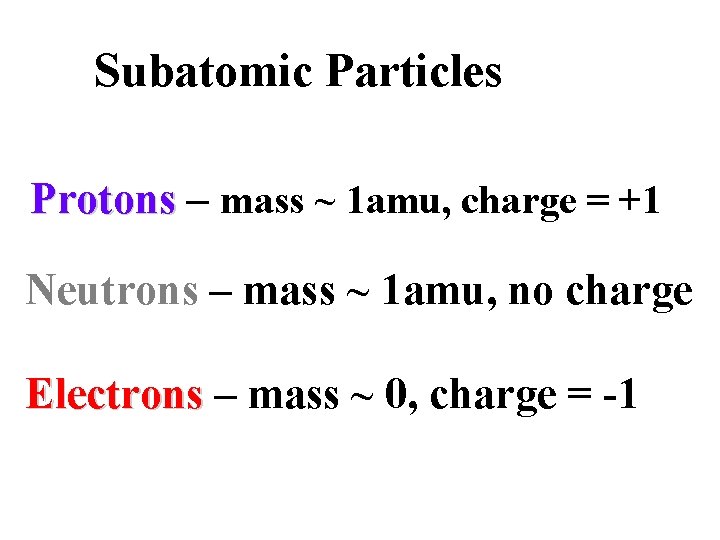 Subatomic Particles Protons – mass ~ 1 amu, charge = +1 Neutrons – mass
