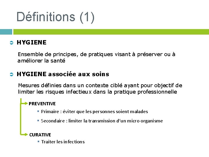 Définitions (1) Ü HYGIENE Ensemble de principes, de pratiques visant à préserver ou à