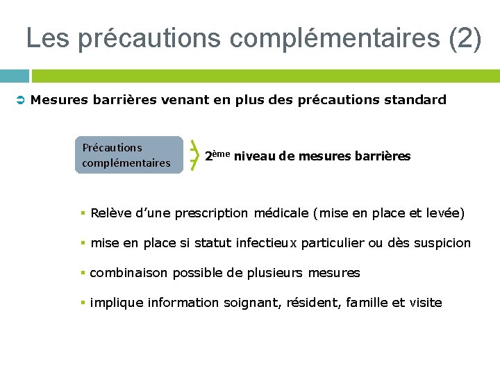 Les précautions complémentaires (2) Ü Mesures barrières venant en plus des précautions standard Précautions