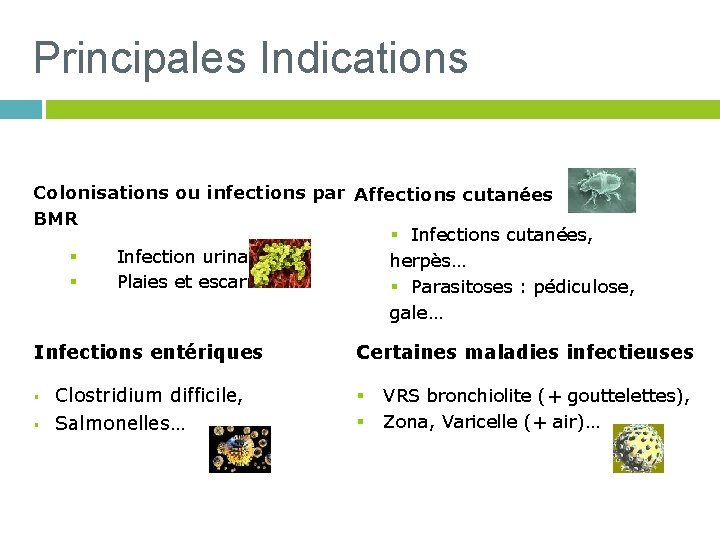 Principales Indications Colonisations ou infections par Affections cutanées BMR § Infections cutanées, § Infection