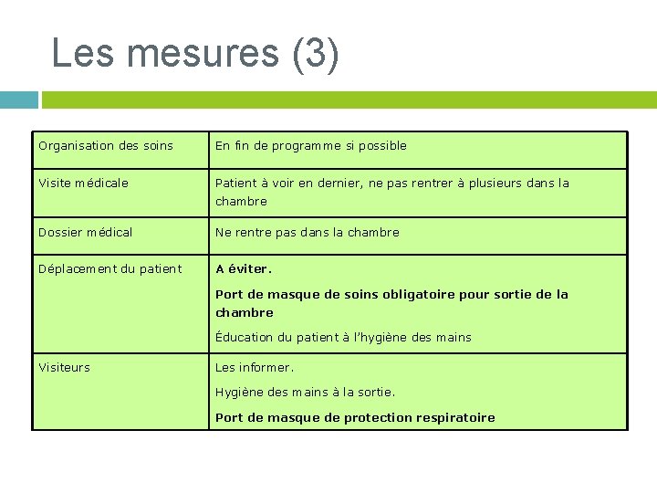 Les mesures (3) Organisation des soins En fin de programme si possible Visite médicale