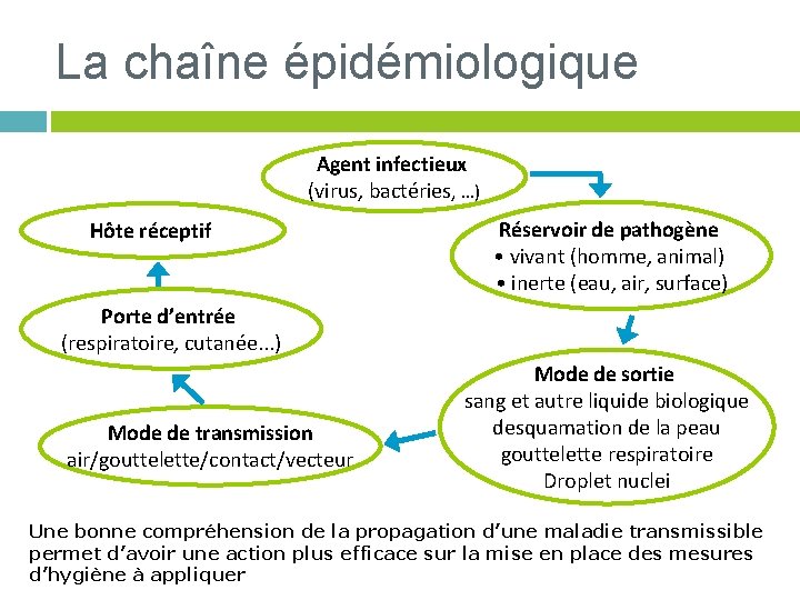 La chaîne épidémiologique Agent infectieux (virus, bactéries, …) Hôte réceptif Réservoir de pathogène •