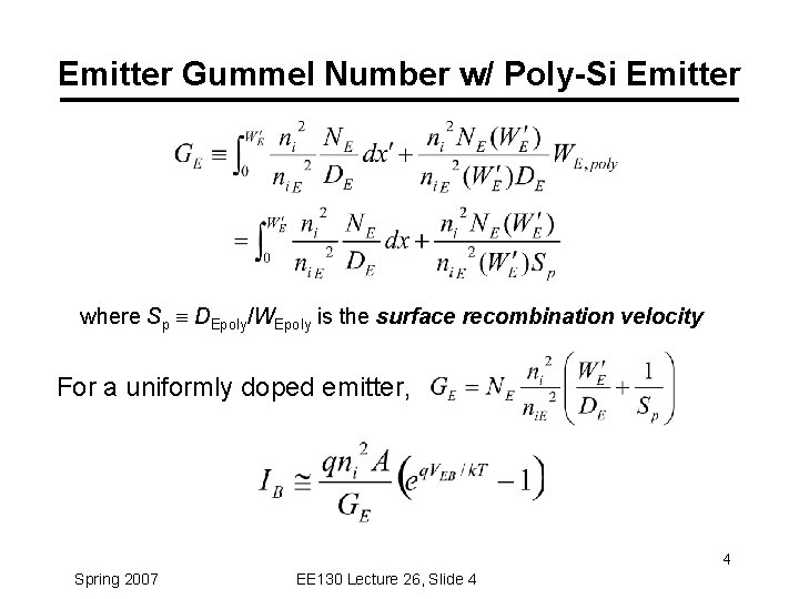 Emitter Gummel Number w/ Poly-Si Emitter where Sp DEpoly/WEpoly is the surface recombination velocity