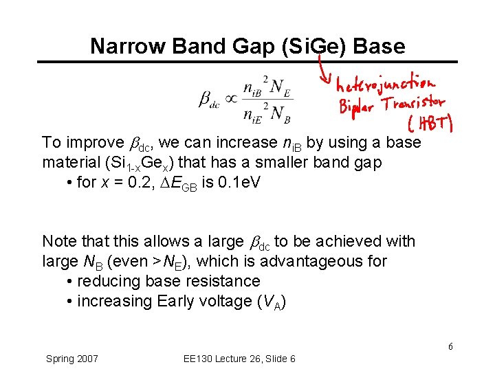Narrow Band Gap (Si. Ge) Base To improve bdc, we can increase ni. B